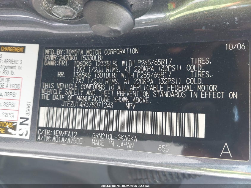2007 Toyota 4runner VIN JTEZU14R378071243 IAAI salvage auction — FRONT END, Salvage (Georgia), sold $4,100 on 2026-07-28 (photo 9)