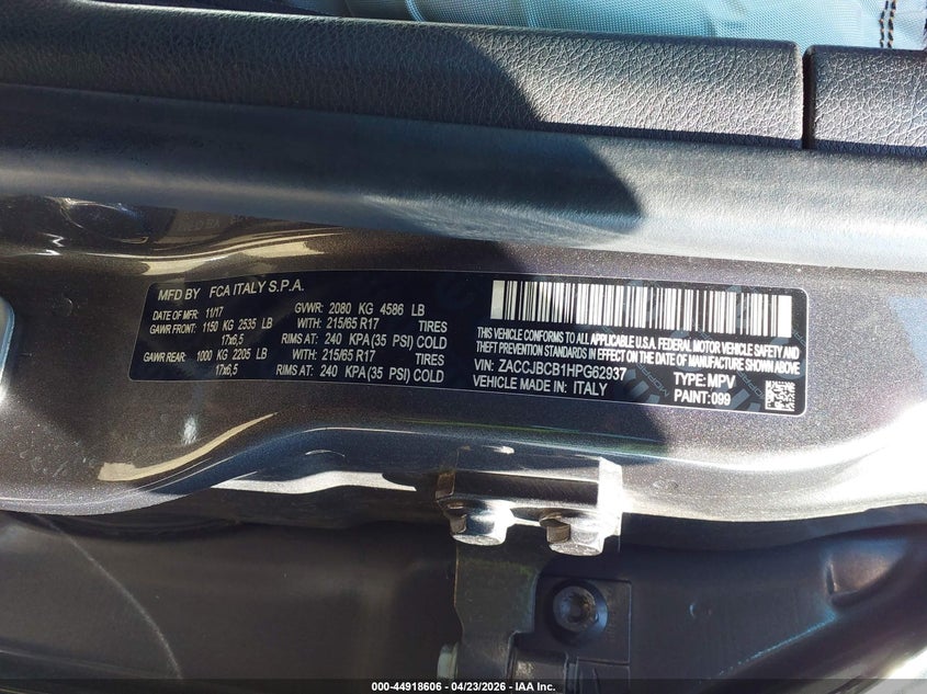 2017 Jeep Renegade VIN ZACCJBCB1HPG62937 IAAI salvage auction — LEFT SIDE, Salvage (New Jersey), sold $2,350 on 2026-07-09 (photo 9)