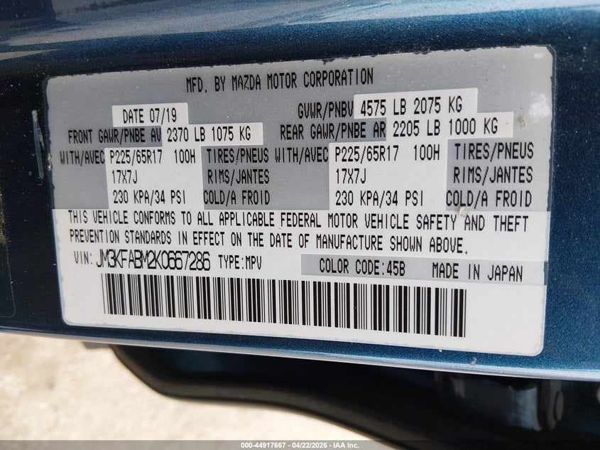 2019 Mazda Cx-5 VIN JM3KFABM2K0667286 IAAI salvage auction — FRONT END, Salvage Title, sold $2,500 on 2026-07-28 (photo 9)
