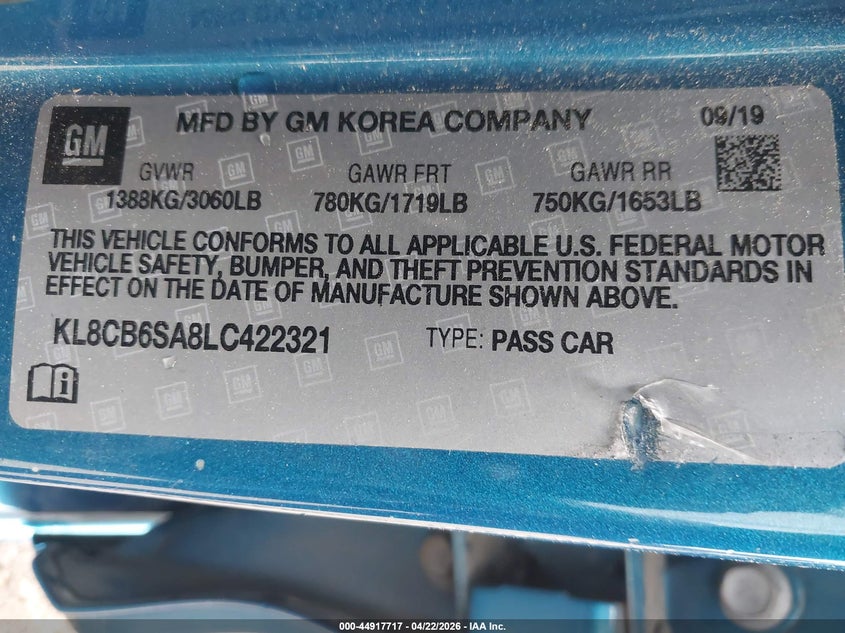 2020 Chevrolet Spark VIN KL8CB6SA8LC422321 IAAI salvage auction — FRONT END, Salvage Title, sold $1,650 on 2026-07-22 (photo 9)