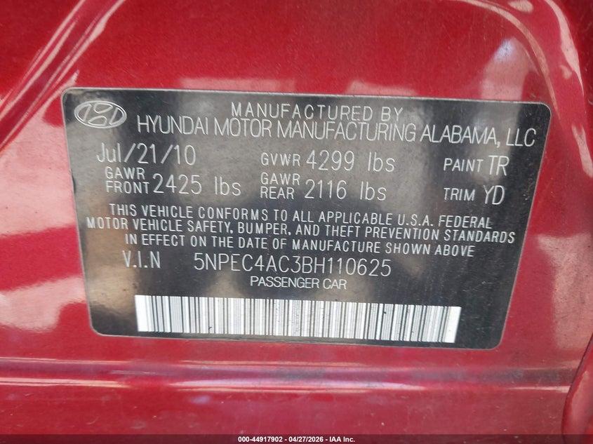 2011 Hyundai Sonata VIN 5NPEC4AC3BH110625 IAAI salvage auction — FRONT END, Clear (Massachusetts), sold $275 on 2026-07-14 (photo 9)