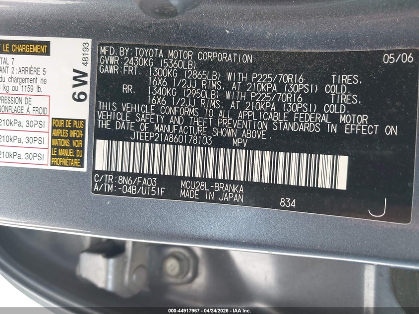 2006 Toyota Highlander VIN JTEEP21A860178103 IAAI salvage auction — FRONT END, Salvage (Idaho), sold $1,050 on 2026-07-17 (photo 9)