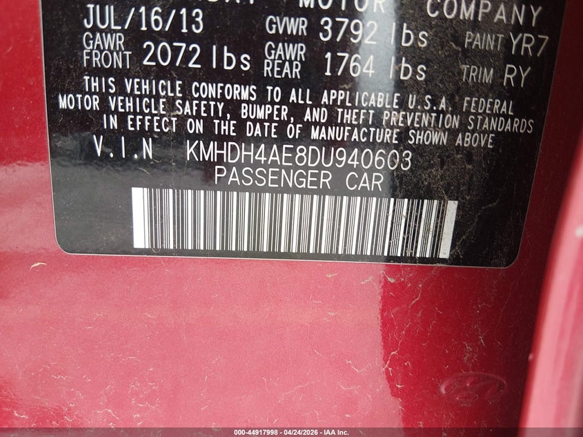 2013 Hyundai Elantra VIN KMHDH4AE8DU940603 IAAI salvage auction — RIGHT SIDE, Salvage Title, sold $1,150 on 2026-07-23 (photo 9)