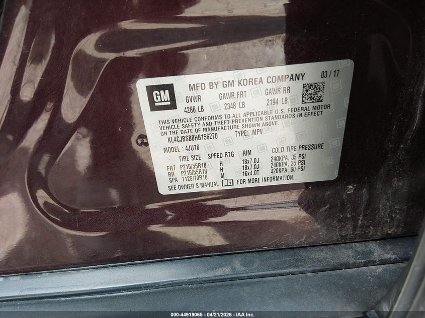2017 Buick Encore VIN KL4CJBSB8HB156270 IAAI salvage auction — HAIL, Salvage (Illinois), sold $25 on 2026-07-28 (photo 9)