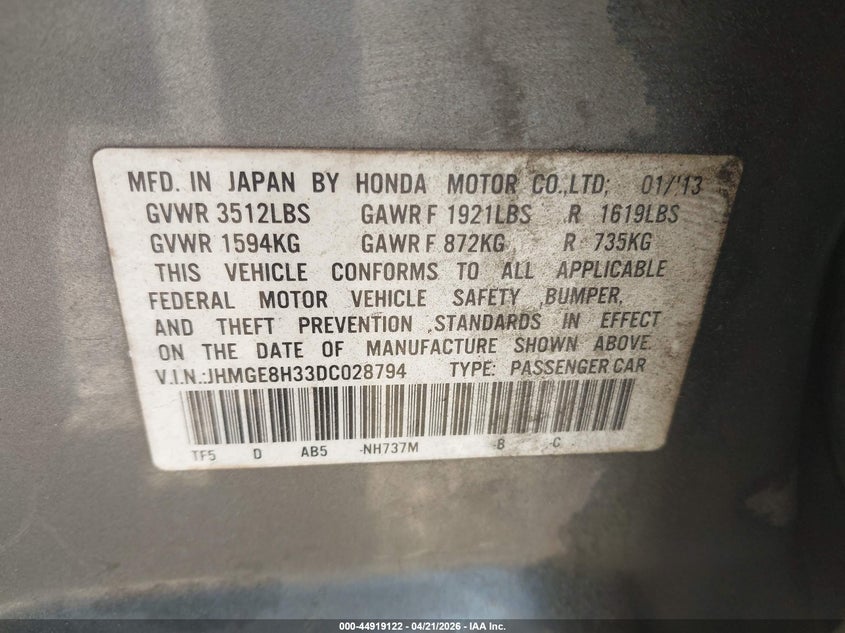 2013 Honda Fit VIN JHMGE8H33DC028794 IAAI salvage auction — REAR END, Salvage Title, sold $900 on 2026-07-14 (photo 9)