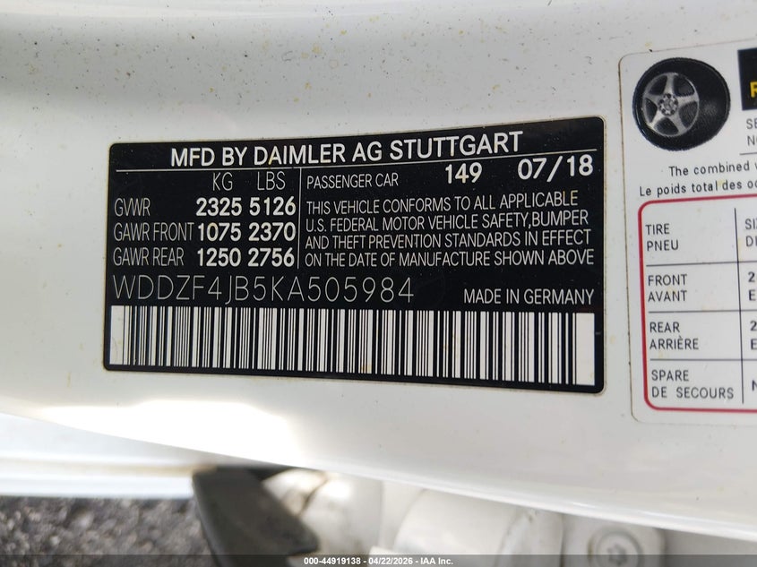 2019 Mercedes-benz E-klasse VIN WDDZF4JB5KA505984 IAAI salvage auction — UNDERCARRIAGE, Salvage (South Carolina), sold $7,350 on 2026-07-15 (photo 9)