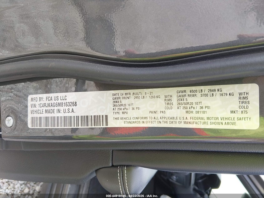 2021 Jeep Grand cherokee VIN 1C4RJKAG6M8163268 IAAI salvage auction — REAR END, Salvage Title, sold $7,800 on 2026-09-01 (photo 9)