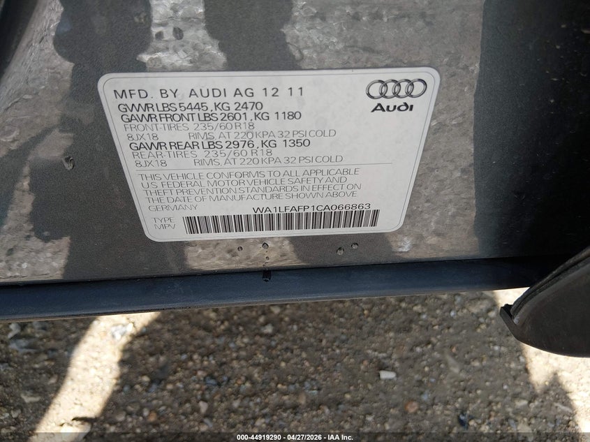 2012 Audi Q5 VIN WA1LFAFP1CA066863 IAAI salvage auction — LEFT FRONT, Salvage (Kansas), sold $1,450 on 2026-07-31 (photo 9)