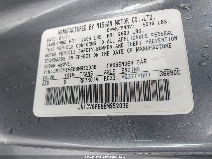 2011 Infiniti G VIN JN1CV6FE8BM952036 IAAI salvage auction — FRONT & REAR, Salvage (California), sold $650 on 2026-07-06 (photo 9)