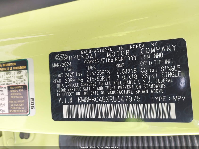 2024 Hyundai Kona VIN KM8HBCABXRU147975 IAAI salvage auction — FRONT END, Original (Texas), sold $6,750 on 2026-07-15 (photo 9)