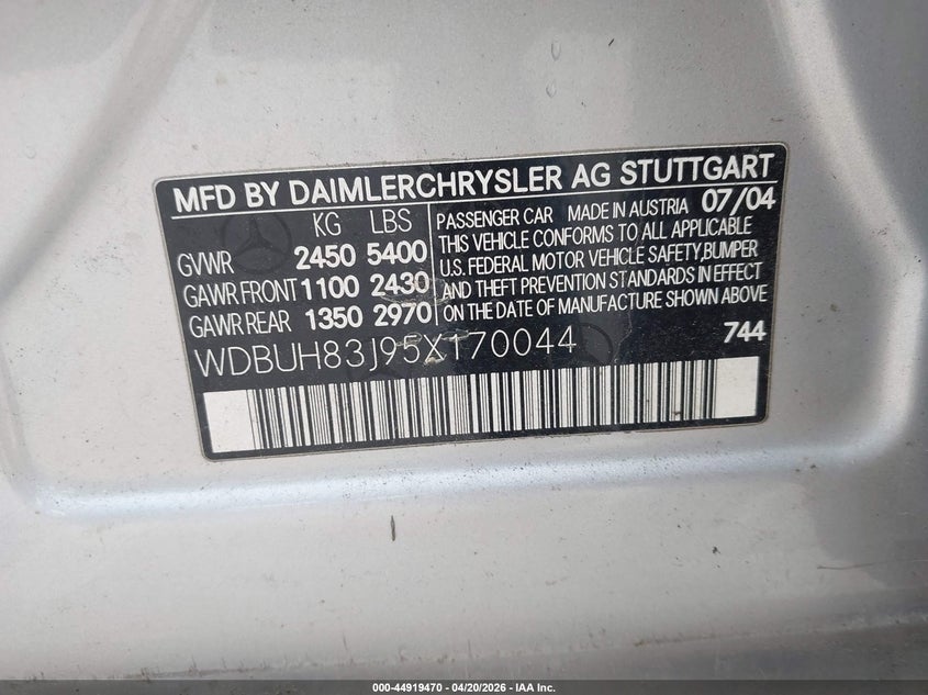2005 Mercedes-benz E-class VIN WDBUH83J95X170044 IAAI salvage auction — NORMAL WEAR, Salvage (Texas), sold $400 on 2026-08-17 (photo 9)
