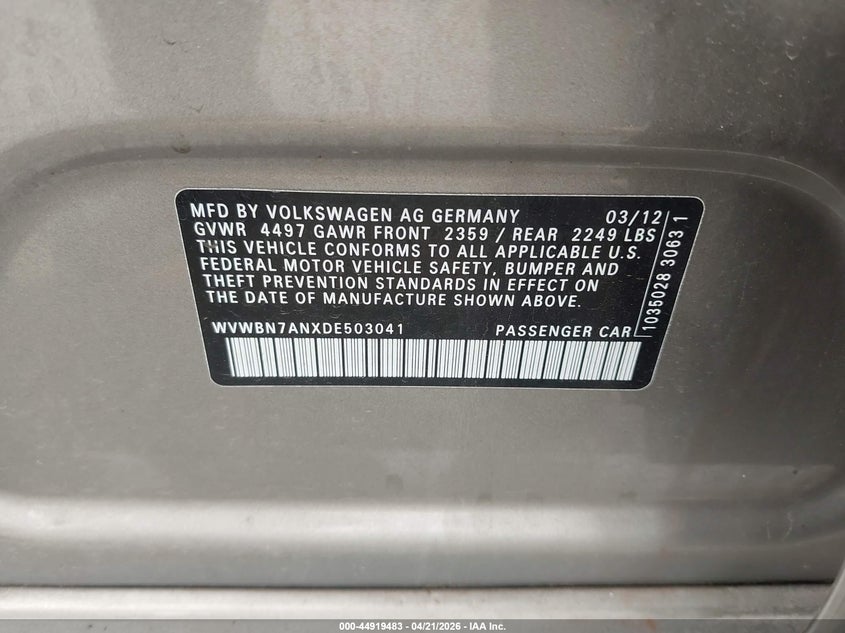 2013 Volkswagen Passat cc VIN WVWBN7ANXDE503041 IAAI salvage auction — RIGHT FRONT, Salvage (Missouri), sold $1,000 on 2026-08-04 (photo 9)
