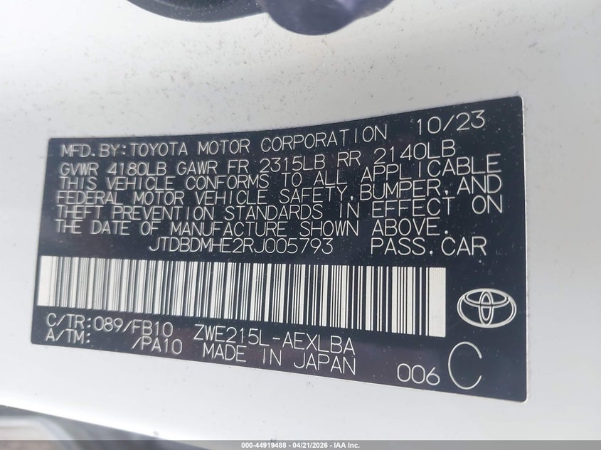 2024 Toyota Corolla VIN JTDBDMHE2RJ005793 IAAI salvage auction — RIGHT SIDE, Salvage (Idaho), sold $4,950 on 2026-07-08 (photo 9)