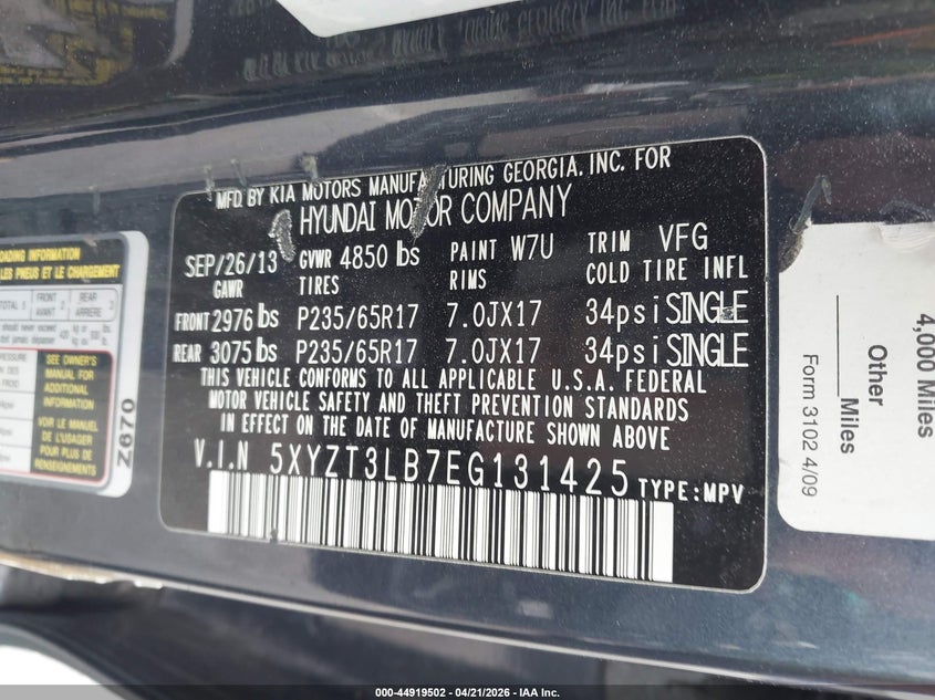 2014 Hyundai Santa fe VIN 5XYZT3LB7EG131425 IAAI salvage auction — SIDE, Salvage (California), sold $1,750 on 2026-07-16 (photo 9)