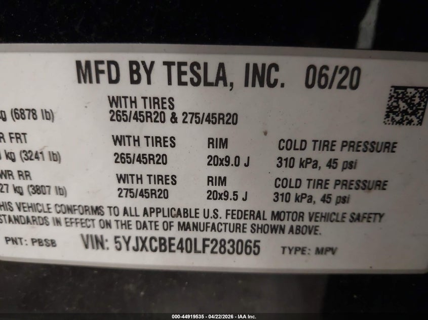 2020 Tesla Model x VIN 5YJXCBE40LF283065 IAAI salvage auction — LEFT REAR, Mv-907A (New York), sold $16,250 on 2026-07-16 (photo 9)