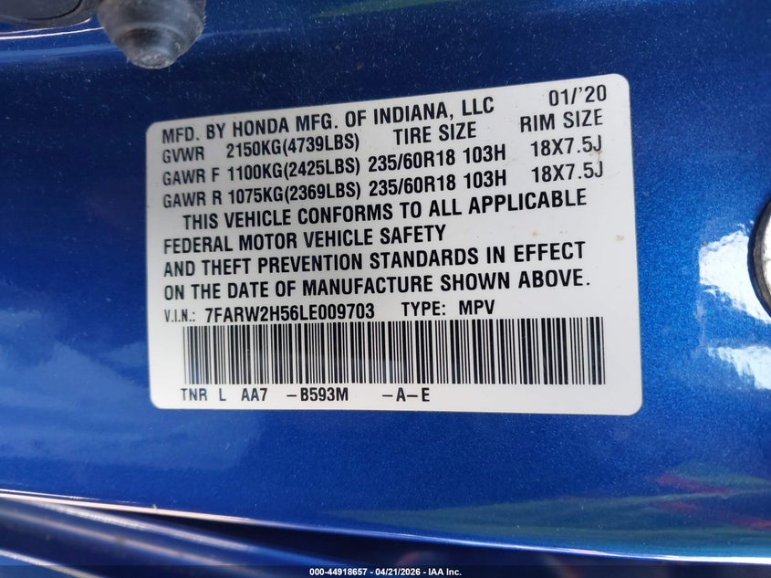 2020 Honda Cr-v VIN 7FARW2H56LE009703 IAAI salvage auction — FRONT & REAR, Salvage - Greater Than 75% (Maryland), sold $6,100 on 2026-07-16 (photo 9)