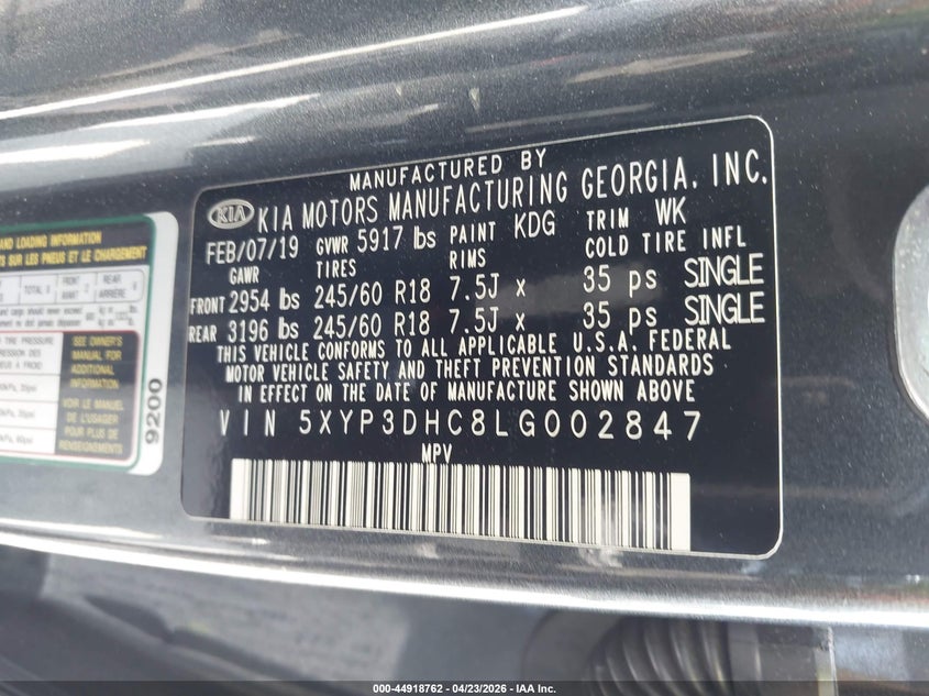2020 Kia Telluride VIN 5XYP3DHC8LG002847 IAAI salvage auction — RIGHT REAR, Salvage (Georgia), sold $4,900 on 2026-07-15 (photo 9)