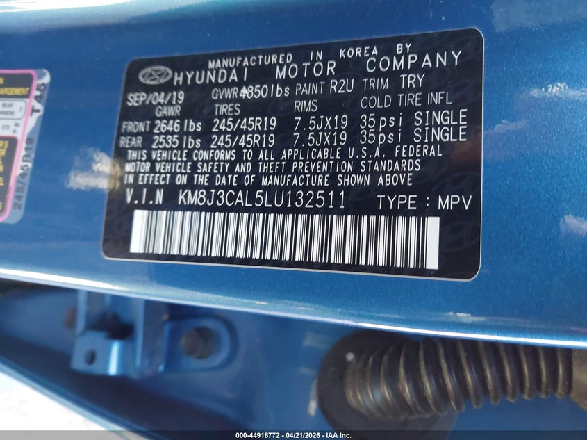 2020 Hyundai Tucson VIN KM8J3CAL5LU132511 IAAI salvage auction — FRONT & REAR, Salvage Title, sold $3,325 on 2026-07-17 (photo 9)