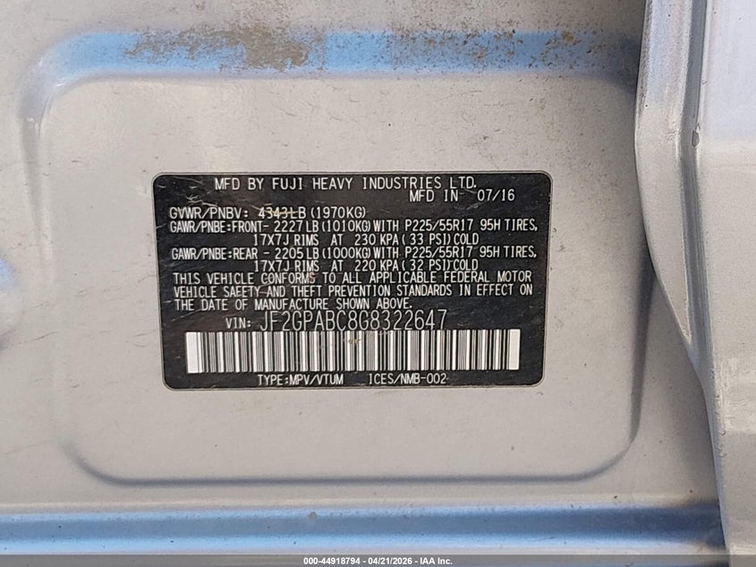 2016 Subaru Xv VIN JF2GPABC8G8322647 IAAI salvage auction — FRONT END, Salvage (West Virginia), sold $2,300 on 2026-07-08 (photo 9)