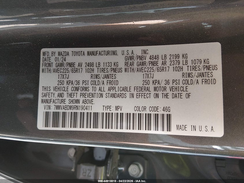 2024 Mazda Cx-50 VIN 7MMVABDM9RN190411 IAAI salvage auction — REAR END, Salvage (Montana), sold $8,600 on 2026-07-08 (photo 9)