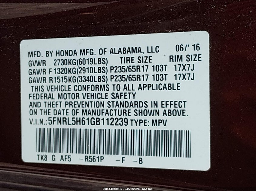 2016 Honda Odyssey VIN 5FNRL5H61GB112239 IAAI salvage auction — SIDE, Clear (Oklahoma), sold $7,100 on 2026-07-28 (photo 9)