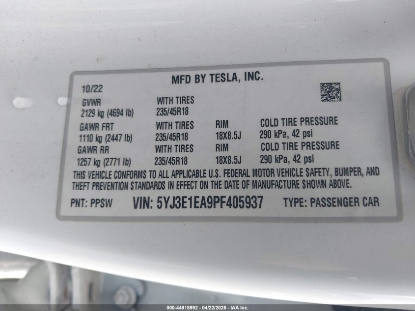 2023 Tesla Model 3 VIN 5YJ3E1EA9PF405937 IAAI salvage auction — REAR END, Salvage (Utah), sold $7,400 on 2026-07-23 (photo 9)
