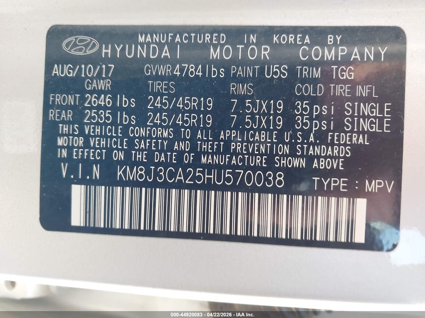 2017 Hyundai Tucson VIN KM8J3CA25HU570038 IAAI salvage auction — ROLLOVER, Salvage (Maine), sold $275 on 2026-07-27 (photo 9)