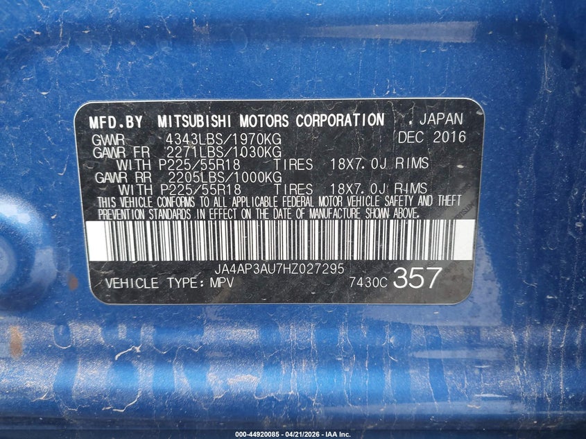 2017 Mitsubishi Outlander VIN JA4AP3AU7HZ027295 IAAI salvage auction — RIGHT REAR, Salvage Title, sold $725 on 2026-07-09 (photo 9)