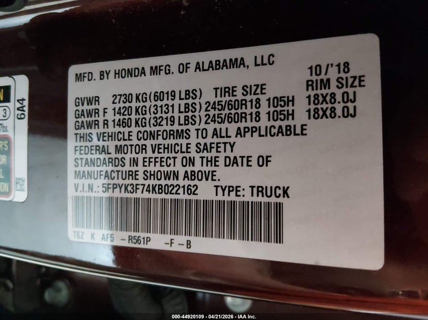 2019 Honda Ridgeline VIN 5FPYK3F74KB022162 IAAI salvage auction — LEFT SIDE, Salvage (Colorado), sold $6,800 on 2026-08-26 (photo 9)