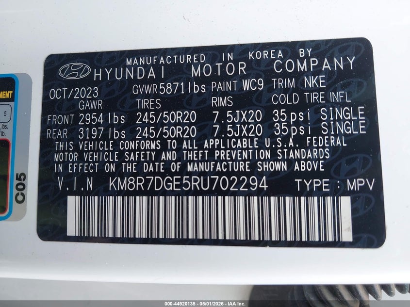 2024 Hyundai Palisade VIN KM8R7DGE5RU702294 IAAI salvage auction — FRONT END, Original (Texas), sold $5,100 on 2026-07-29 (photo 9)
