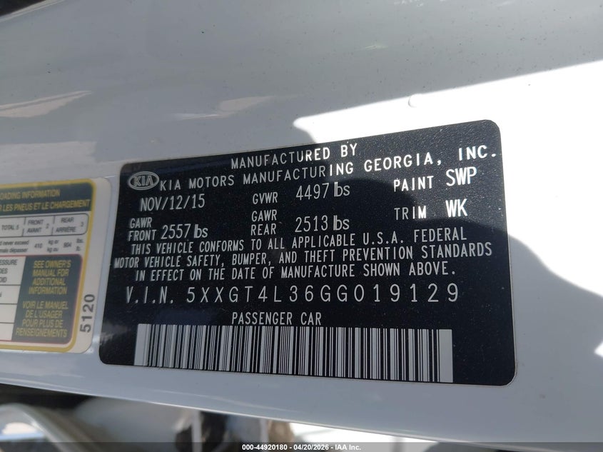 2016 Kia Optima VIN 5XXGT4L36GG019129 IAAI salvage auction — NORMAL WEAR, Salvage (Idaho), sold $900 on 2026-07-29 (photo 9)