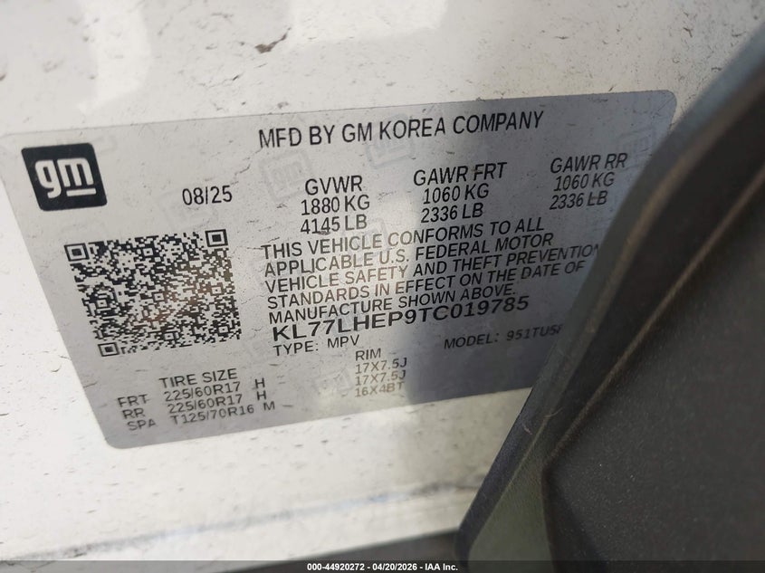 2026 Chevrolet Trax VIN KL77LHEP9TC019785 IAAI salvage auction — FRONT END, Salvage (Arizona), sold $6,525 on 2026-07-14 (photo 9)