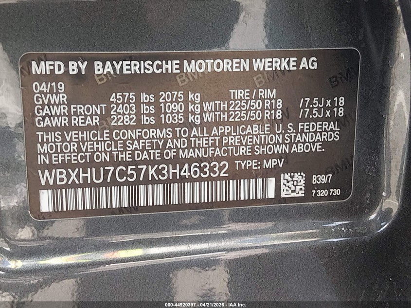 2019 BMW X1 VIN WBXHU7C57K3H46332 IAAI salvage auction — RIGHT FRONT, Salvage Title, sold $2,050 on 2026-07-24 (photo 9)