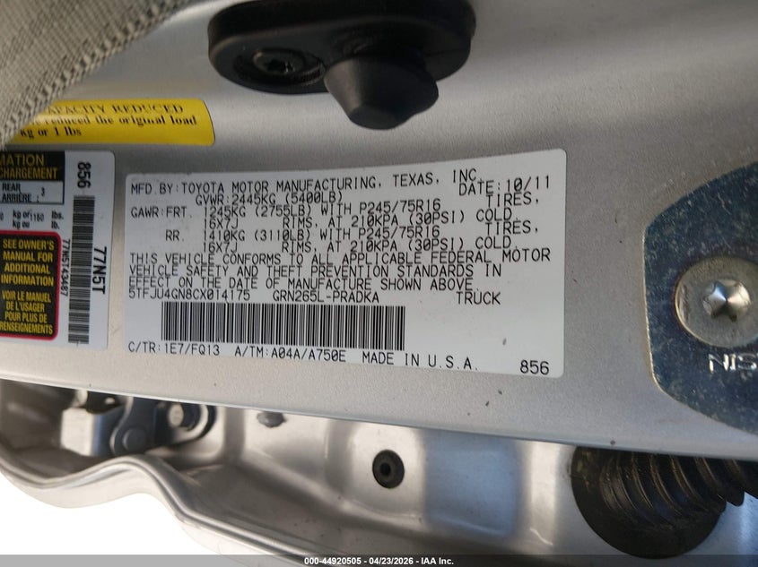 2012 Toyota Tacoma VIN 5TFJU4GN8CX014175 IAAI salvage auction — FRONT & REAR, Wait Title, sold $1,350 on 2026-07-28 (photo 9)