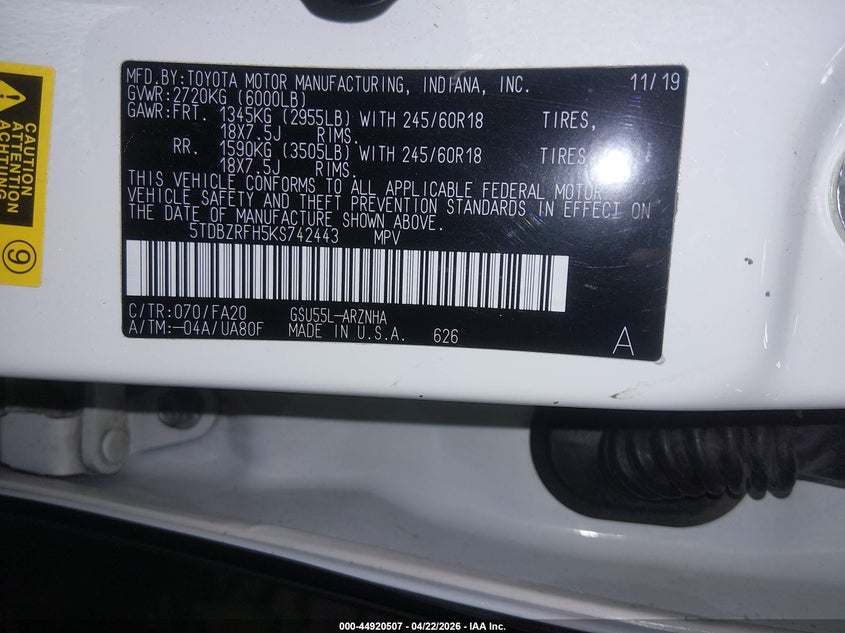 2019 Toyota Highlander VIN 5TDBZRFH5KS742443 IAAI salvage auction — FRONT END, Salvage (Idaho), sold $4,250 on 2026-07-10 (photo 9)