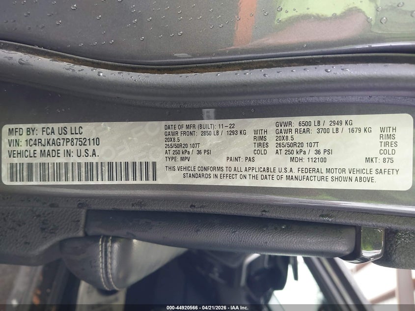 2023 Jeep Grand cherokee VIN 1C4RJKAG7P8752110 IAAI salvage auction — FRONT & REAR, Salvage Title, sold $8,850 on 2026-07-30 (photo 9)
