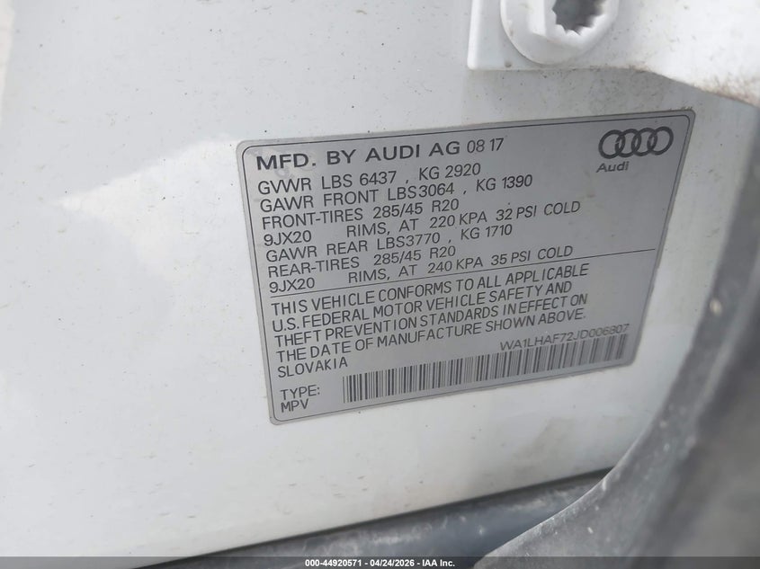 2018 Audi Q7 VIN WA1LHAF72JD006807 IAAI salvage auction — FRONT END, Wait Title, sold $8,050 on 2026-07-15 (photo 9)