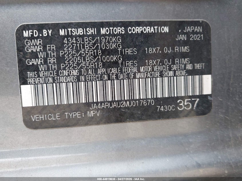 2021 Mitsubishi Outlander VIN JA4ARUAU2MU017670 IAAI salvage auction — FRONT END, Salvage (Texas), sold $25 on 2026-07-30 (photo 9)