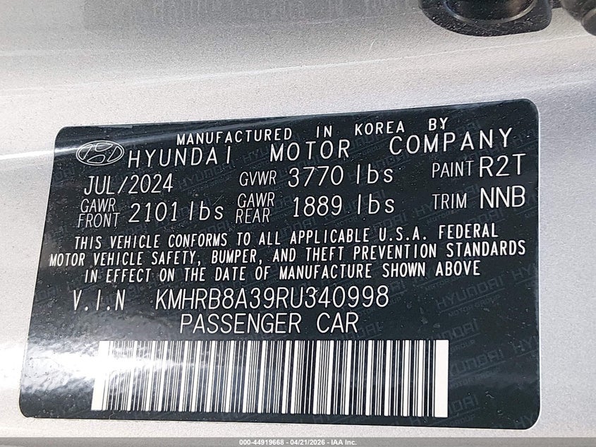 2024 Hyundai Venue VIN KMHRB8A39RU340998 IAAI salvage auction — FRONT END, Salvage (Tennessee), sold $2,300 on 2026-07-13 (photo 9)