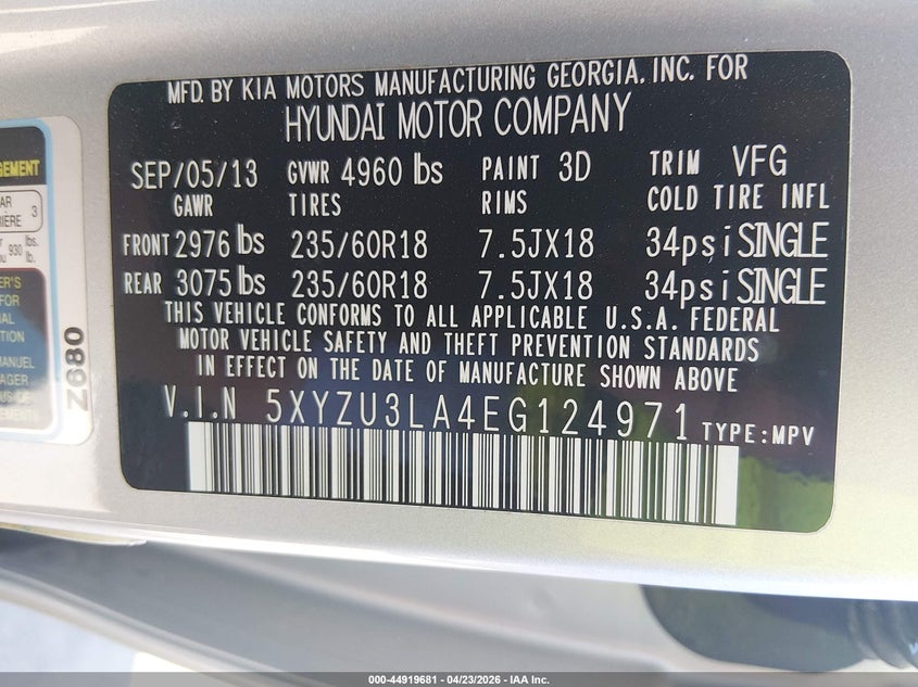2014 Hyundai Santa fe VIN 5XYZU3LA4EG124971 IAAI salvage auction — FRONT END, Salvage (North Carolina), sold $1,050 on 2026-07-22 (photo 9)
