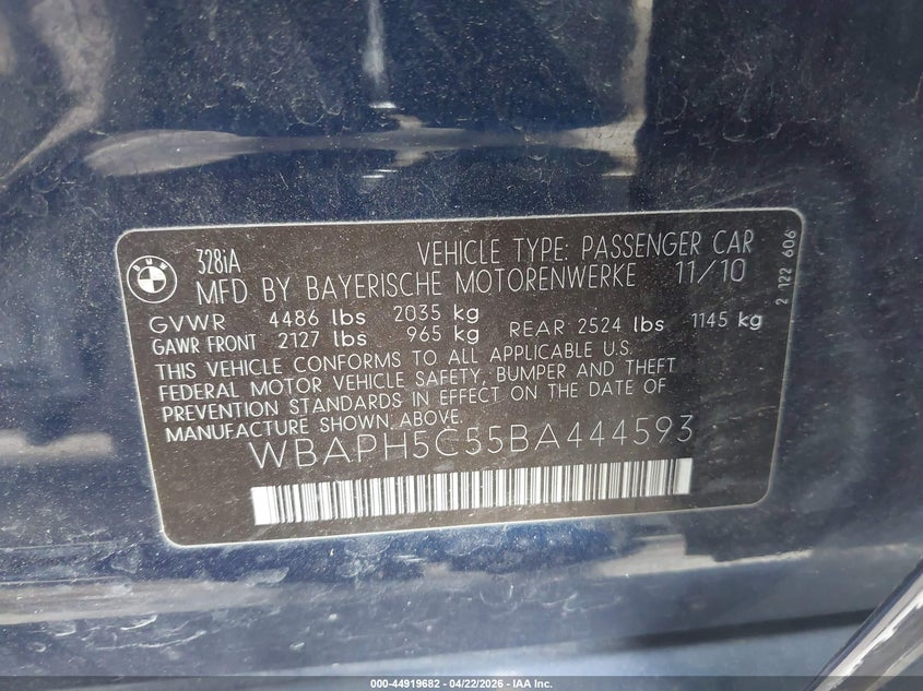 2011 BMW 3er VIN WBAPH5C55BA444593 IAAI salvage auction — FRONT END, Clear (Oklahoma), sold $425 on 2026-07-07 (photo 9)