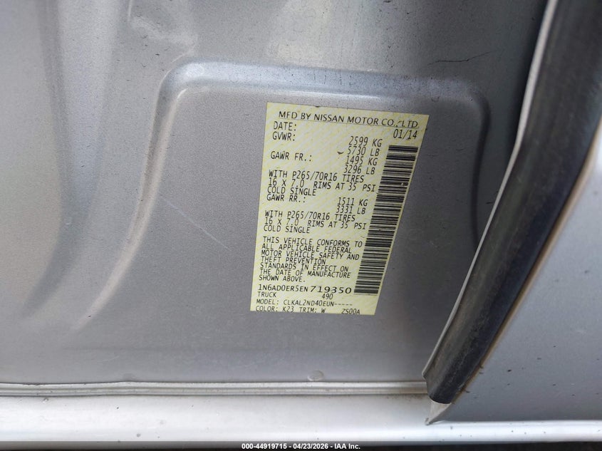 2014 Nissan Navara (frontier) VIN 1N6AD0ER5EN719350 IAAI salvage auction — FRONT END, Salvage Certificate (California), sold $2,650 on 2026-07-17 (photo 9)