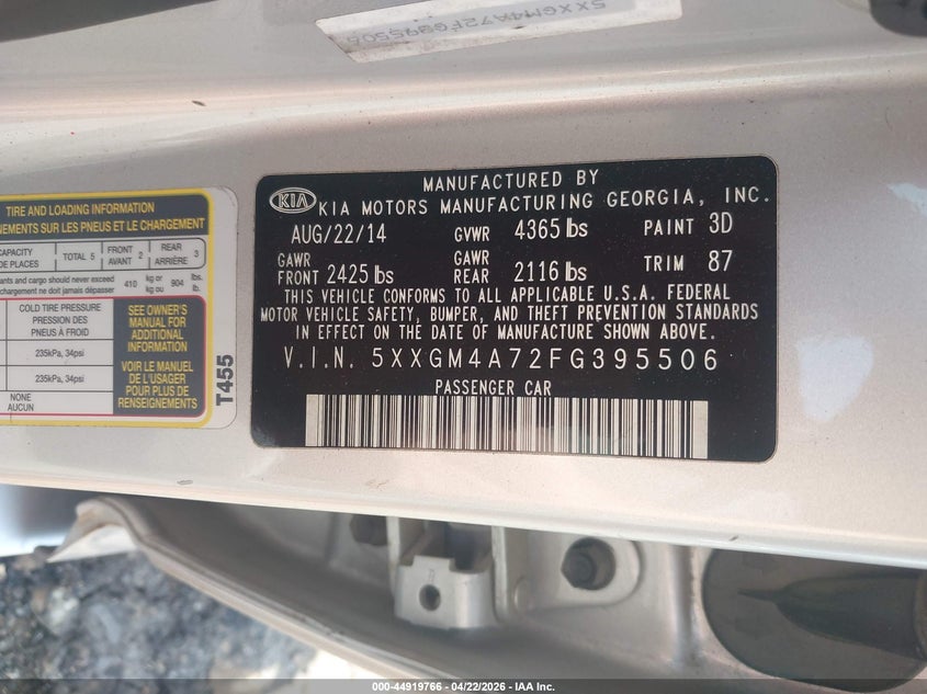 2015 Kia Optima VIN 5XXGM4A72FG395506 IAAI salvage auction — THEFT, Salvage (Mississippi), sold $550 on 2026-07-29 (photo 9)
