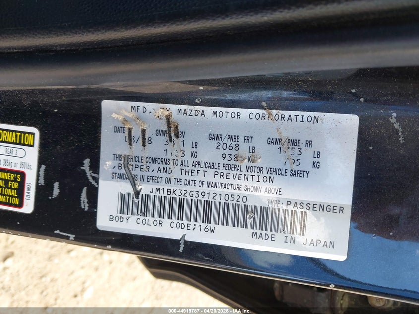 2009 Mazda 3 VIN JM1BK32G391210520 IAAI salvage auction — SIDE, Clear (Virginia), sold $275 on 2026-07-10 (photo 9)