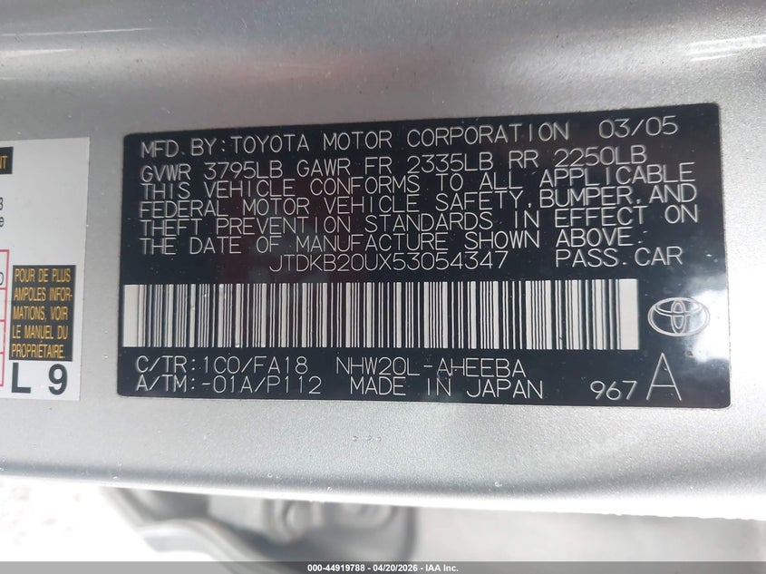 2005 Toyota Prius VIN JTDKB20UX53054347 IAAI salvage auction — THEFT, Salvage (California), sold $900 on 2026-07-09 (photo 9)