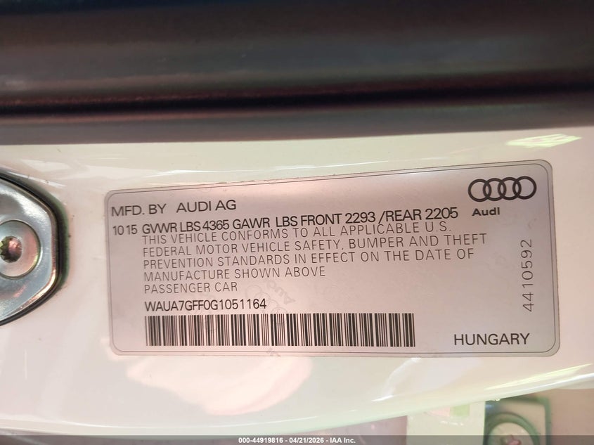 2016 Audi A3 VIN WAUA7GFF0G1051164 IAAI salvage auction — REAR END, Salvage Title, sold $2,600 on 2026-07-14 (photo 9)