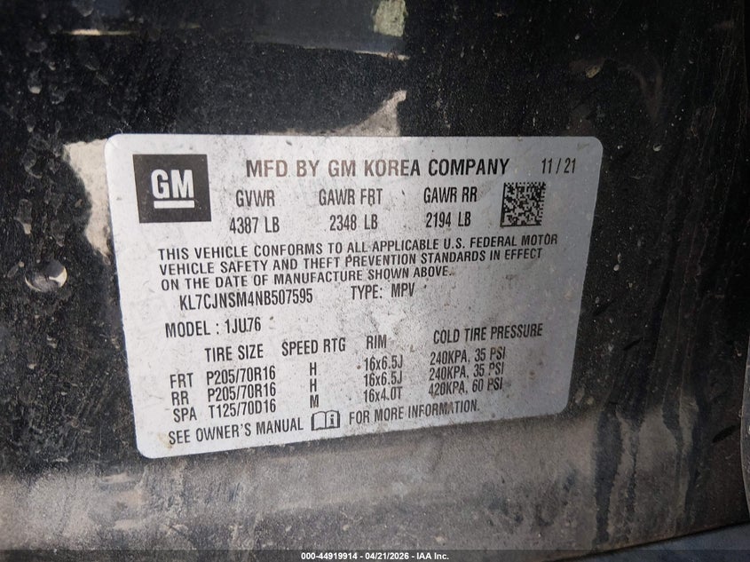 2022 Chevrolet Trax VIN KL7CJNSM4NB507595 IAAI salvage auction — FRONT END, Salvage Title, sold $775 on 2026-07-28 (photo 9)