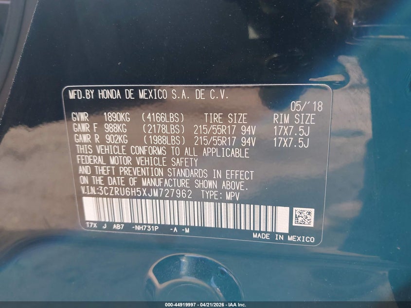 2018 Honda Hr-v VIN 3CZRU6H5XJM727962 IAAI salvage auction — SIDE, Wait Title, sold $3,100 on 2026-07-20 (photo 9)