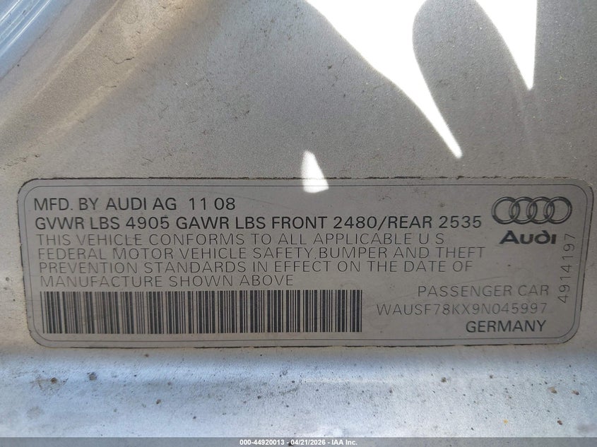 2009 Audi A4 VIN WAUSF78KX9N045997 IAAI salvage auction — FRONT END, Clear (Virginia), sold $325 on 2026-07-14 (photo 9)