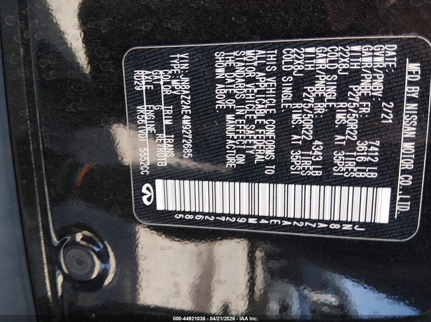 2021 Infiniti Qx80 VIN JN8AZ2AE4M9272685 IAAI salvage auction — REAR END, Salvage Title, sold $13,200 on 2026-07-28 (photo 9)